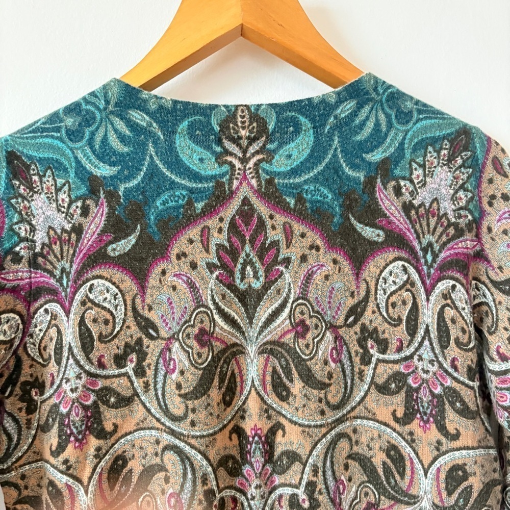 Talbots sz Small CASHMERE SWEATER Audrey Floral PAISLEY brown green crewneck - Picture 6 of 8